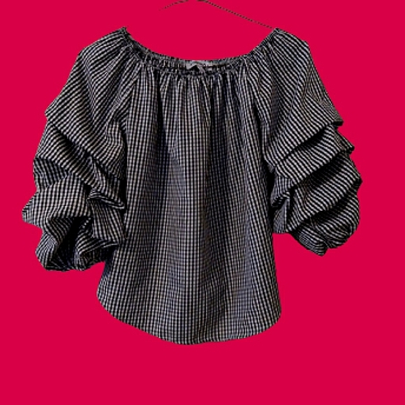 KONTROL Checkered Off the Shoulder Puff Sleeve Top Size Small - Picture 2 of 7
